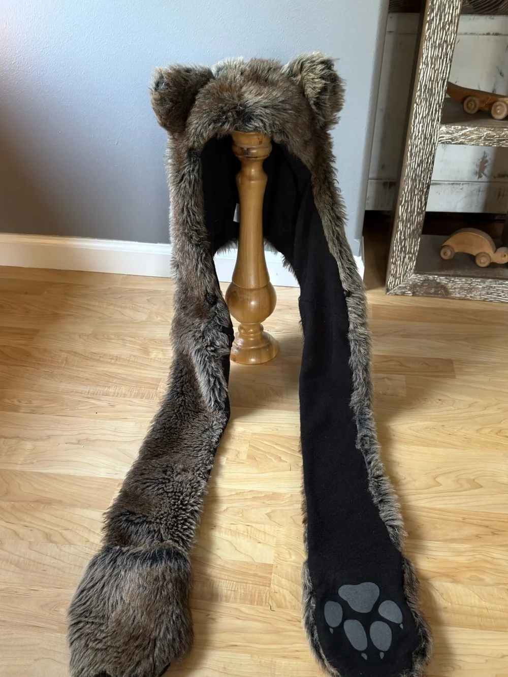 Faux Fur Bear Hood with Mittens - Black and Brown